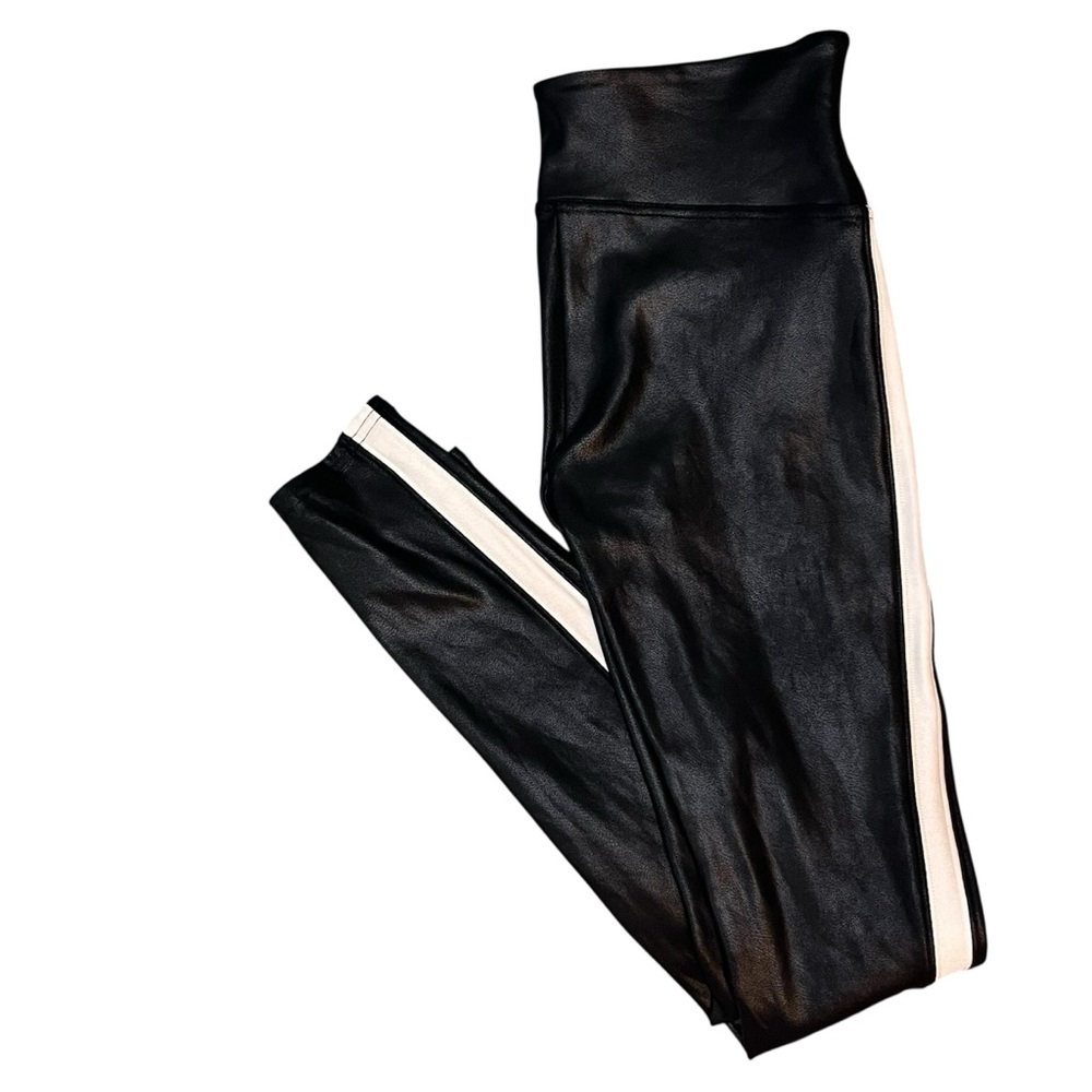 SPANX Black Faux Leather Leggings White Stripe Accent Edgy Athleisure Sporty - Picture 2 of 11